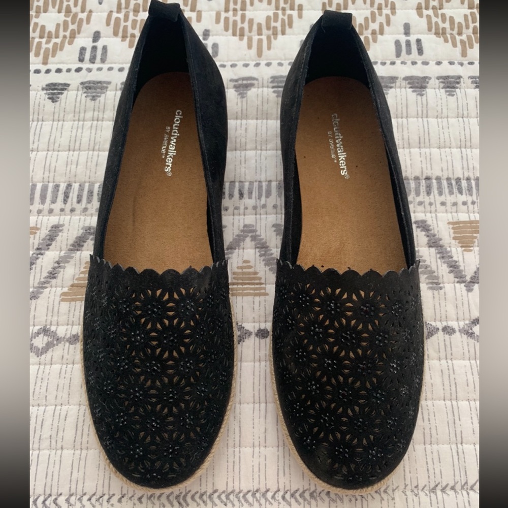 cloudwalkers Black Laser-Cut Slip-On Flats - Size 8W